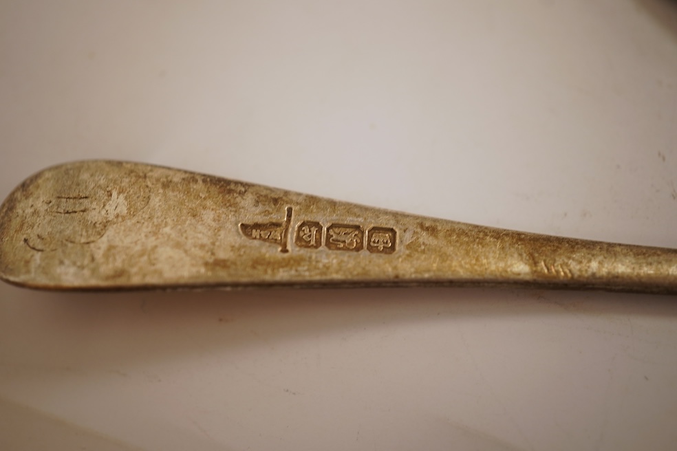 A small quantity of assorted 18th and later silver flatware, including two George III Old English pattern table spoons 11.6oz.